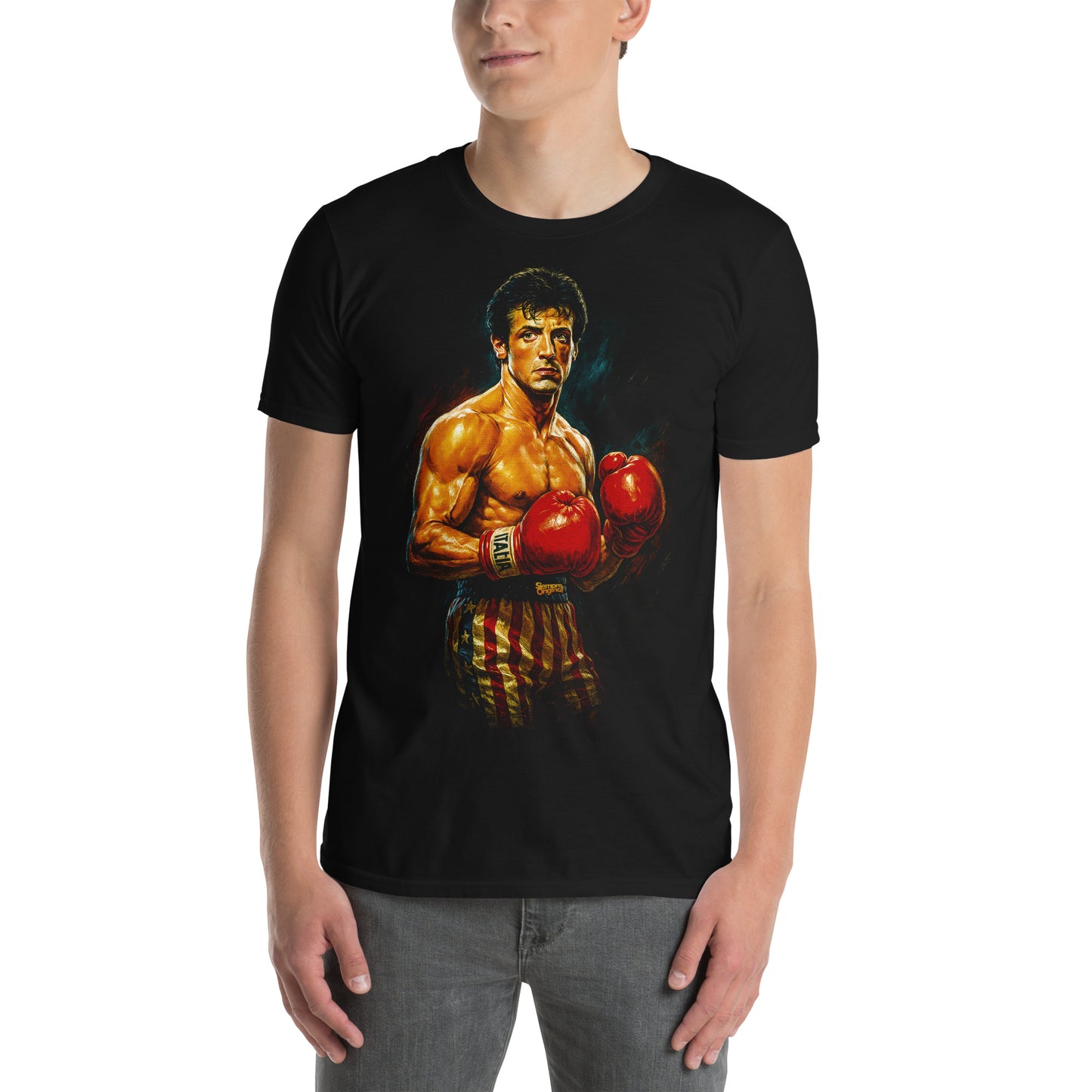hombre con camiseta rocky balboa boxeador negra