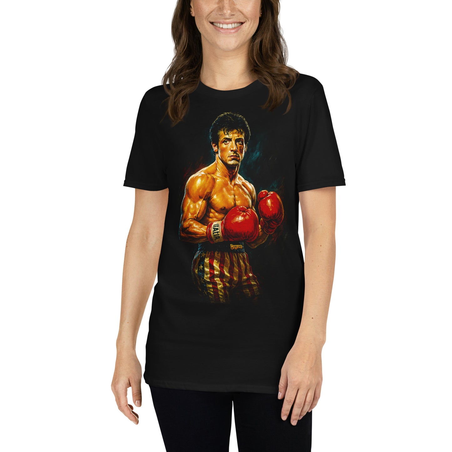 mujer con camiseta rocky balboa boxeador negra