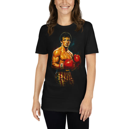 mujer con camiseta rocky balboa boxeador negra