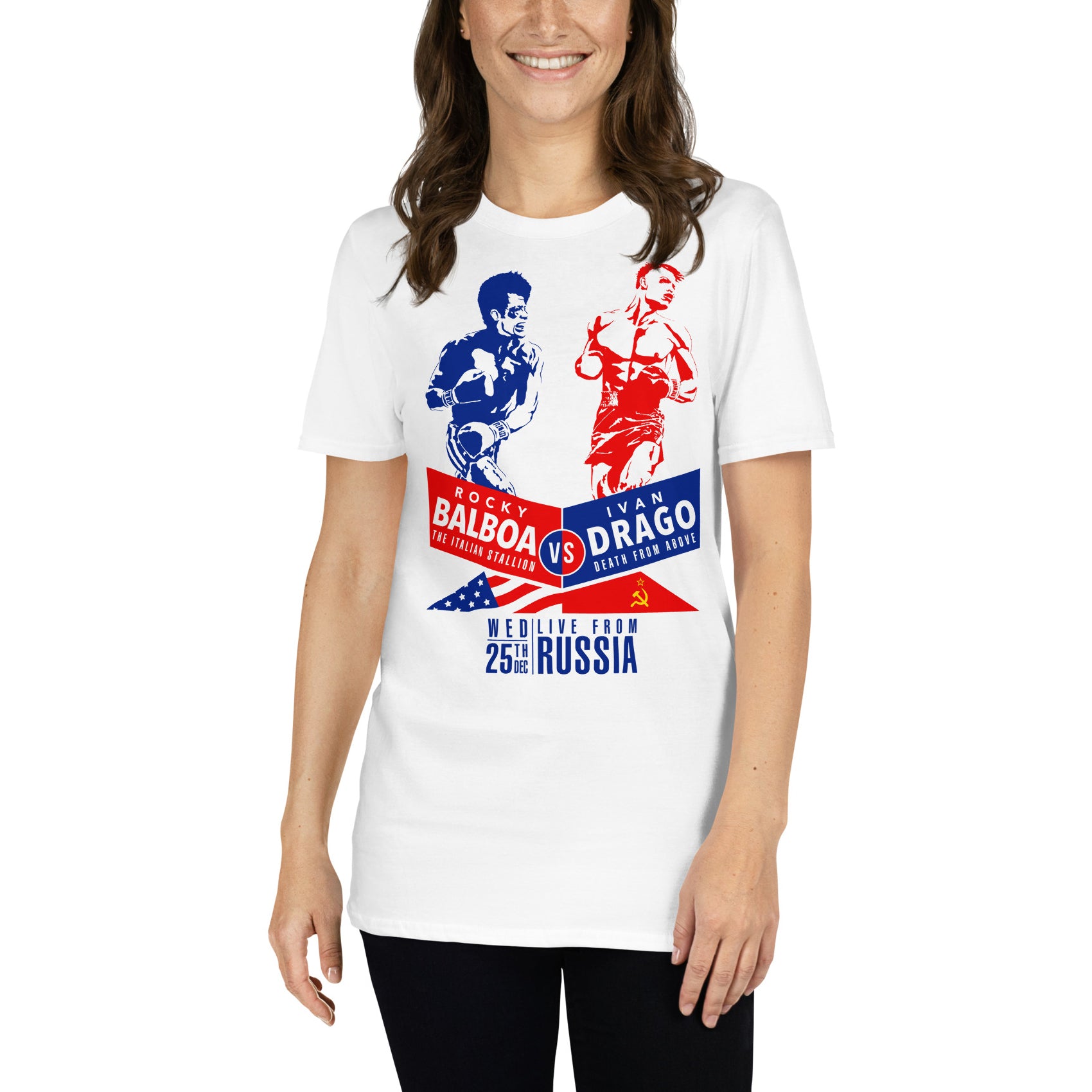 mujer con camiseta boxeo rocky balboa ivan drago blanca