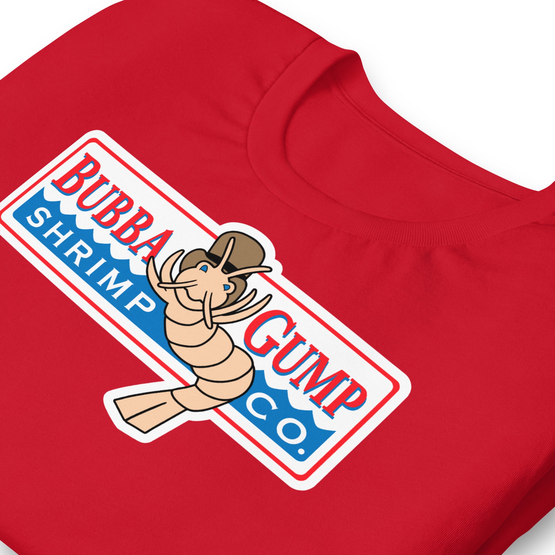 detalle de camiseta bubba gump forrest gump roja