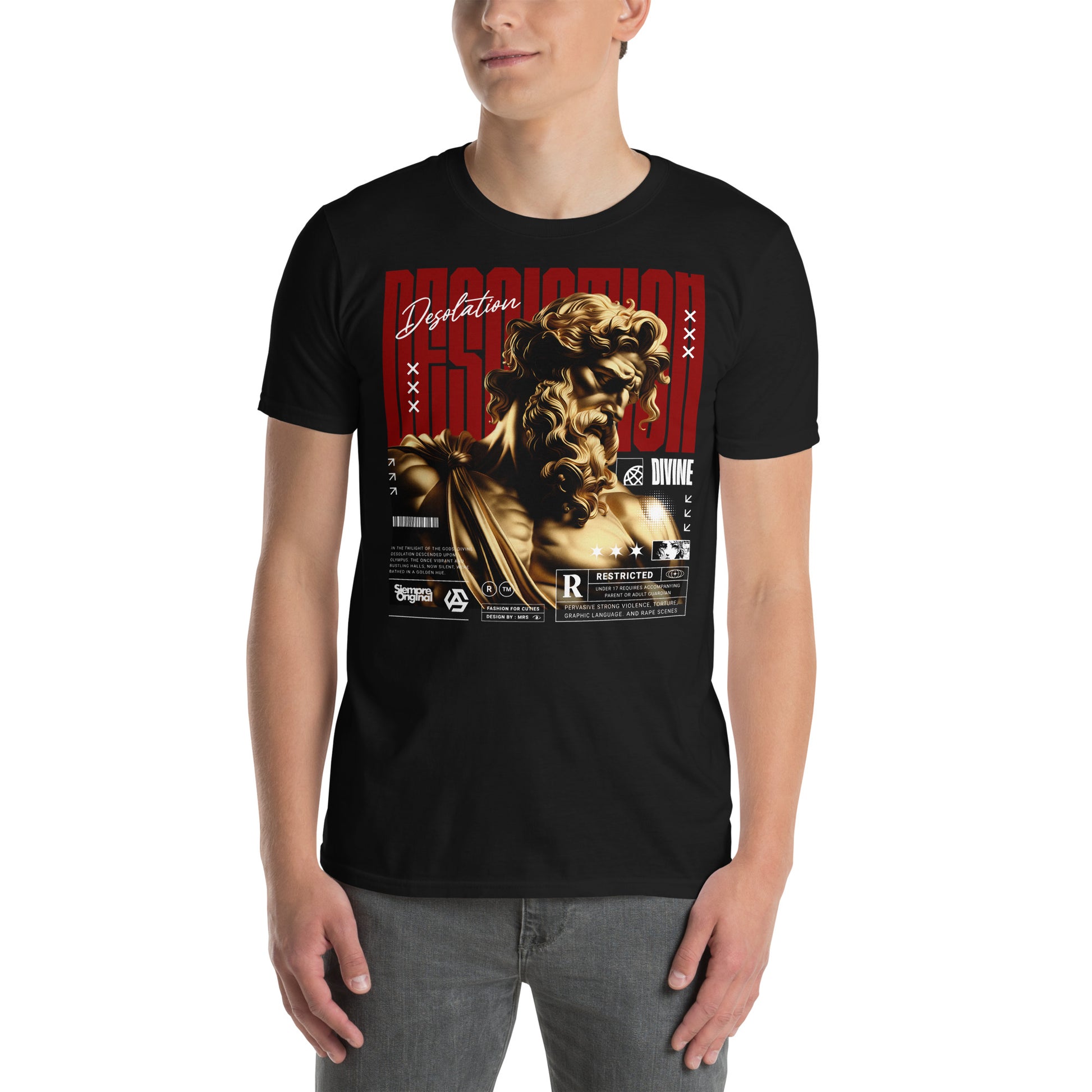 hombre con camiseta busto griego desolacion arte clasico negra