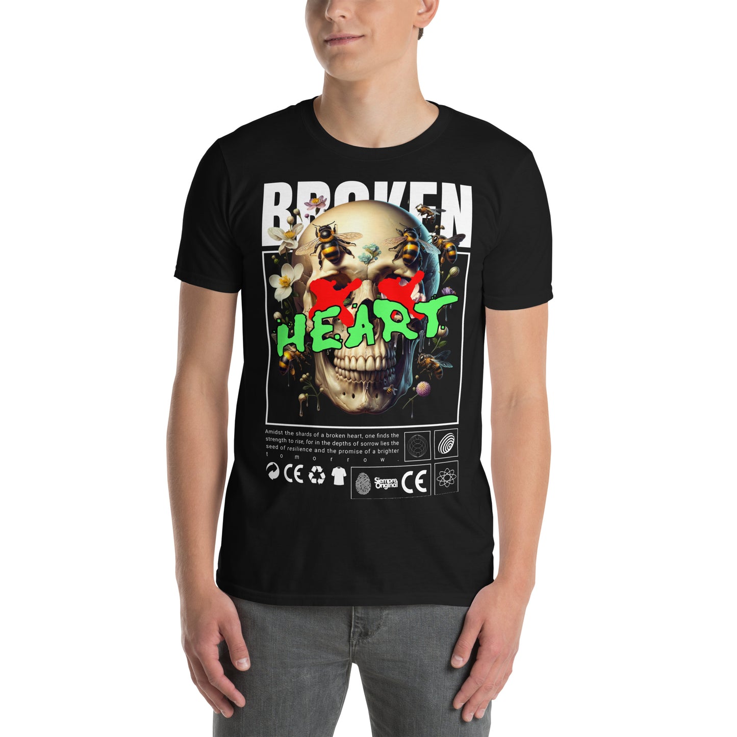 hombre con camiseta calavera broken heart negra
