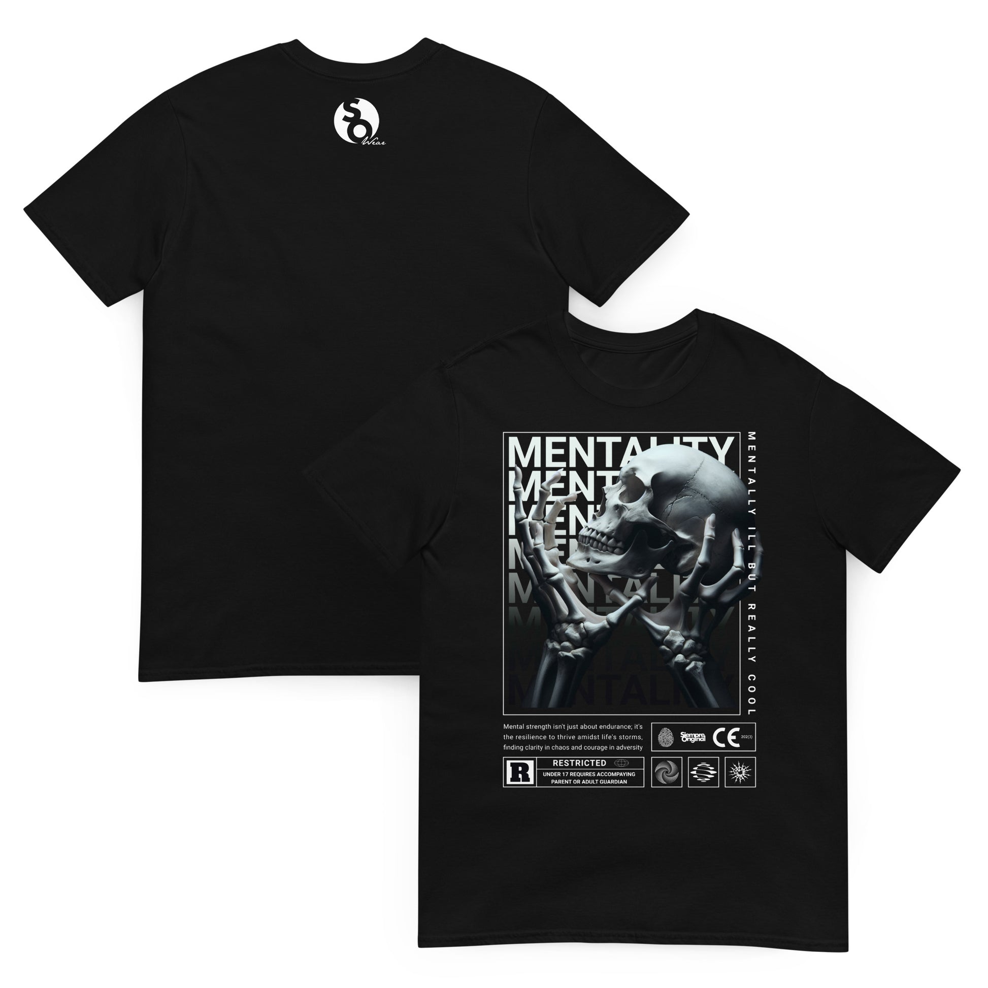camiseta calavera mentality delante y detras negra