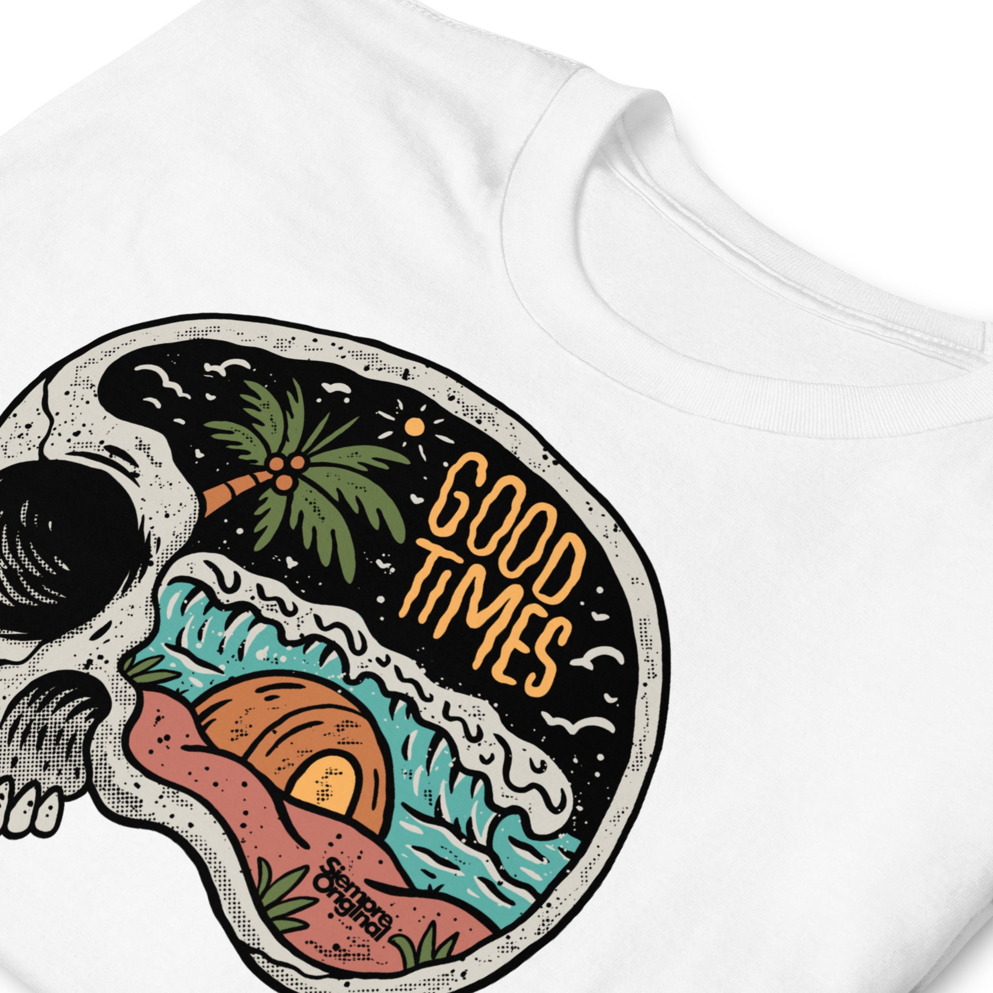 detalle de camiseta skull surf verano paya blanca