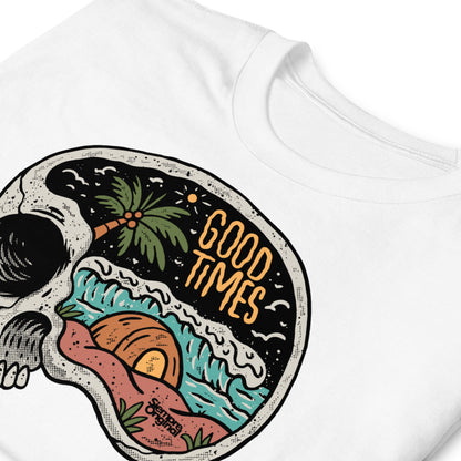 detalle de camiseta skull surf verano paya blanca