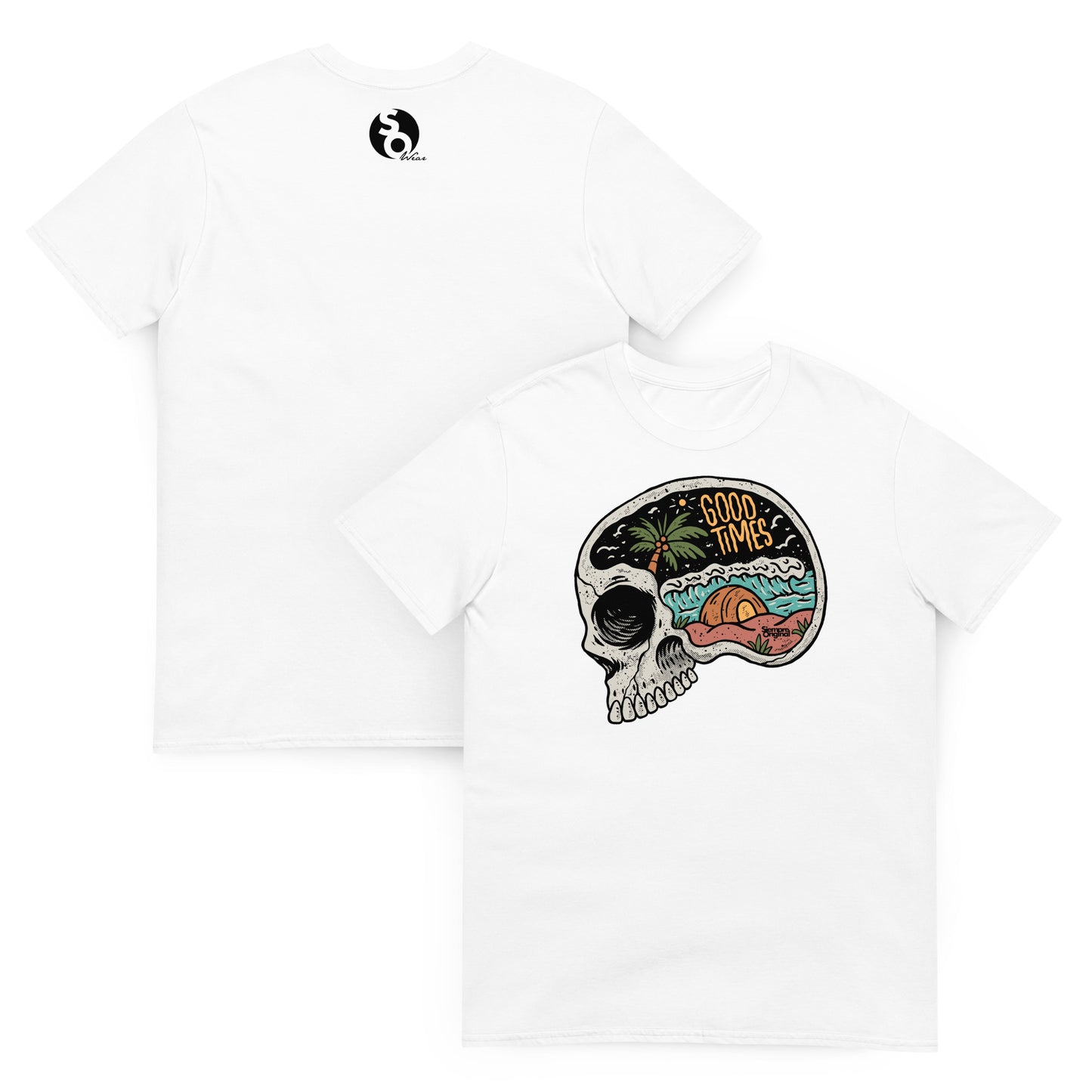 camiseta calavera surf verano paya delante y detras blanca