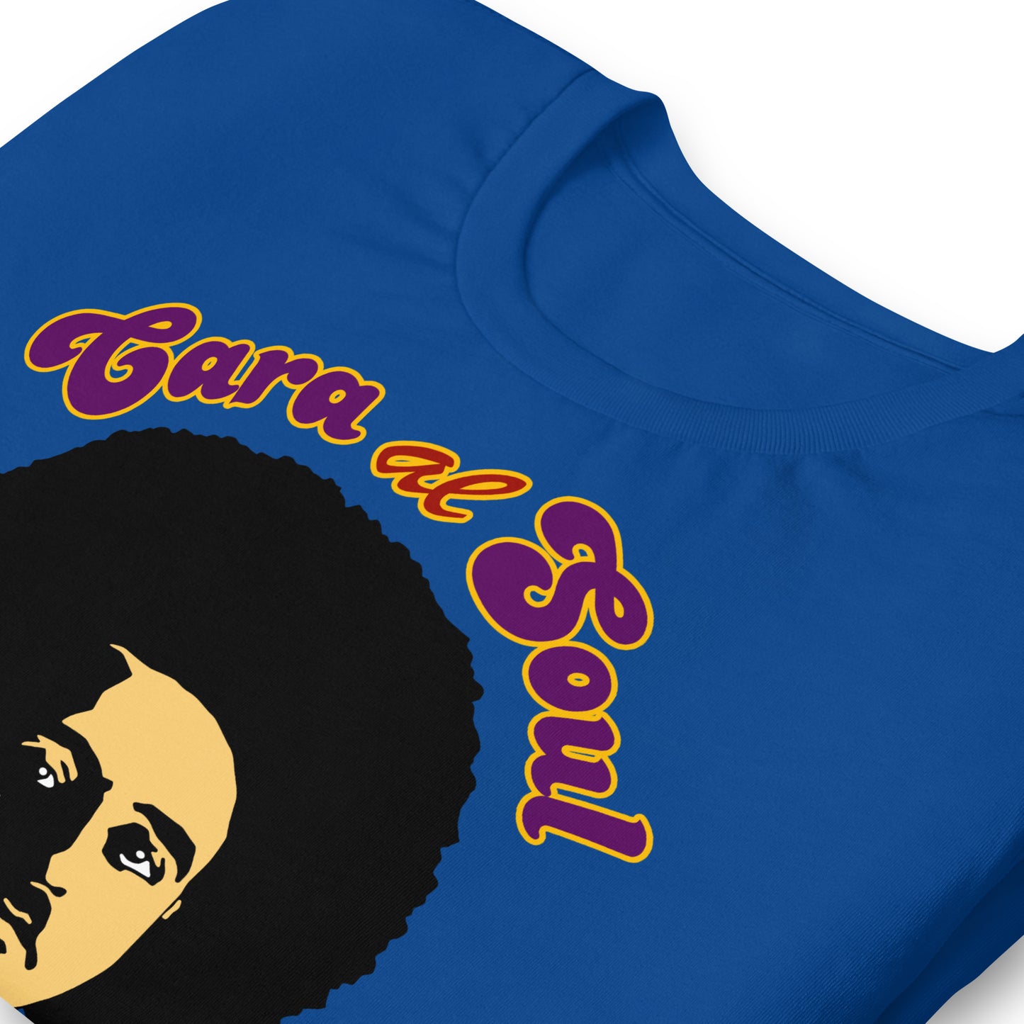 detalle de camiseta cara al soul funk azul royal