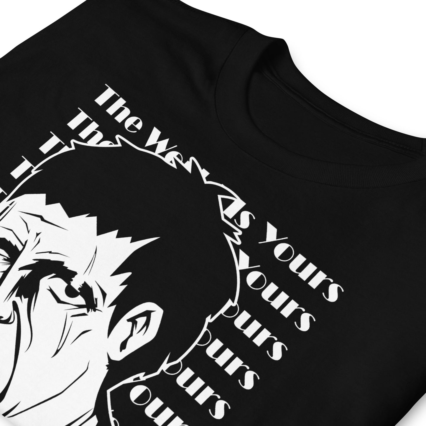 detalle de camiseta cara cortada the world is yours scarface negra