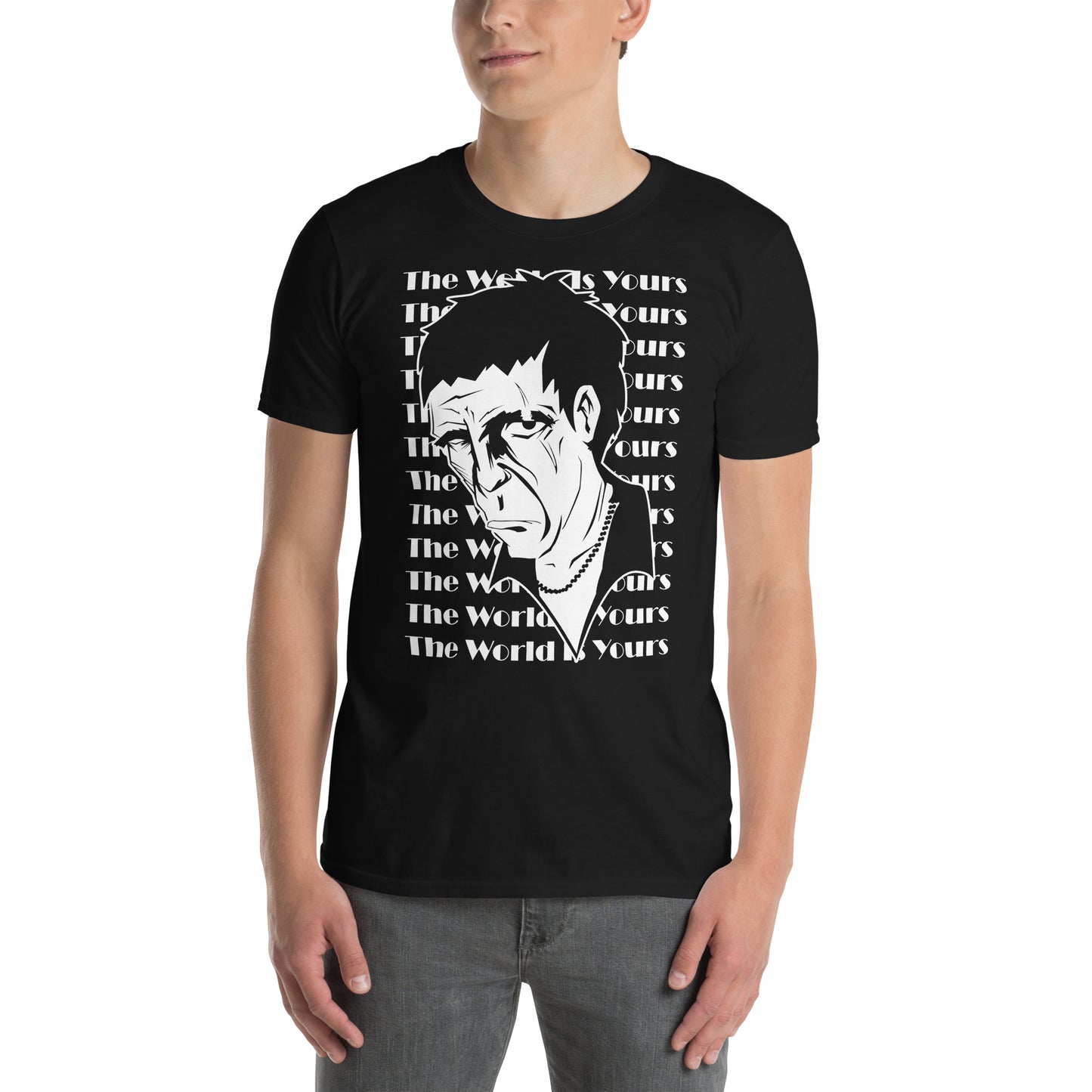hombre con camiseta cara cortada the world is yours scarface negra