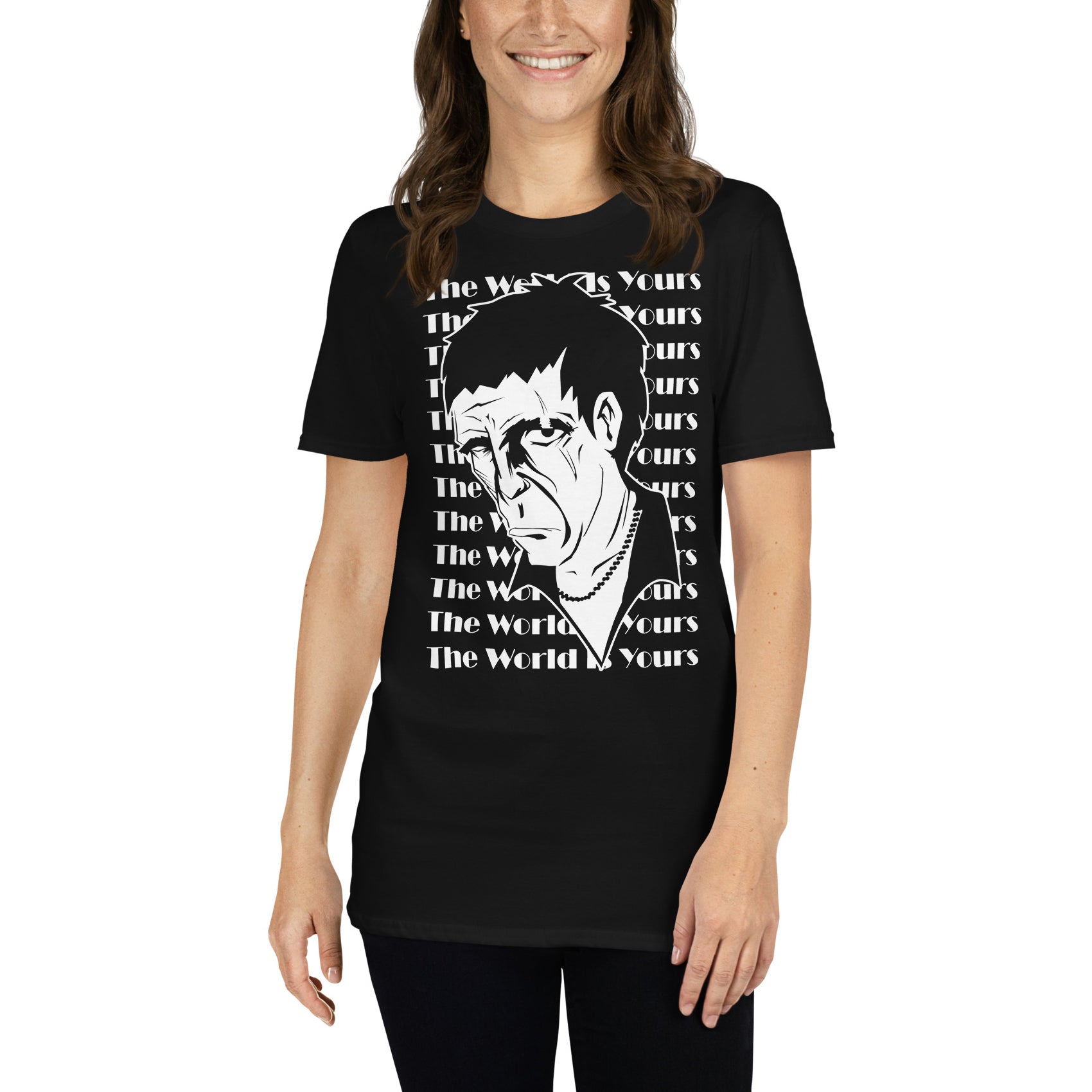 mujer con camiseta cara cortada the world is yours scarface negra