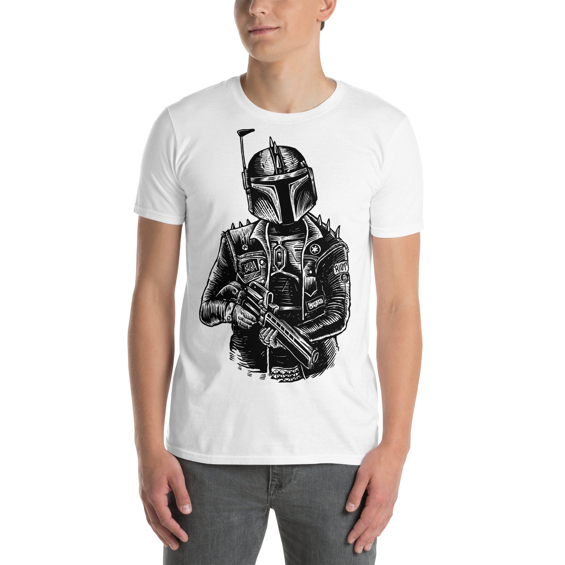 hombre con camiseta boba fett punk star wars blanca