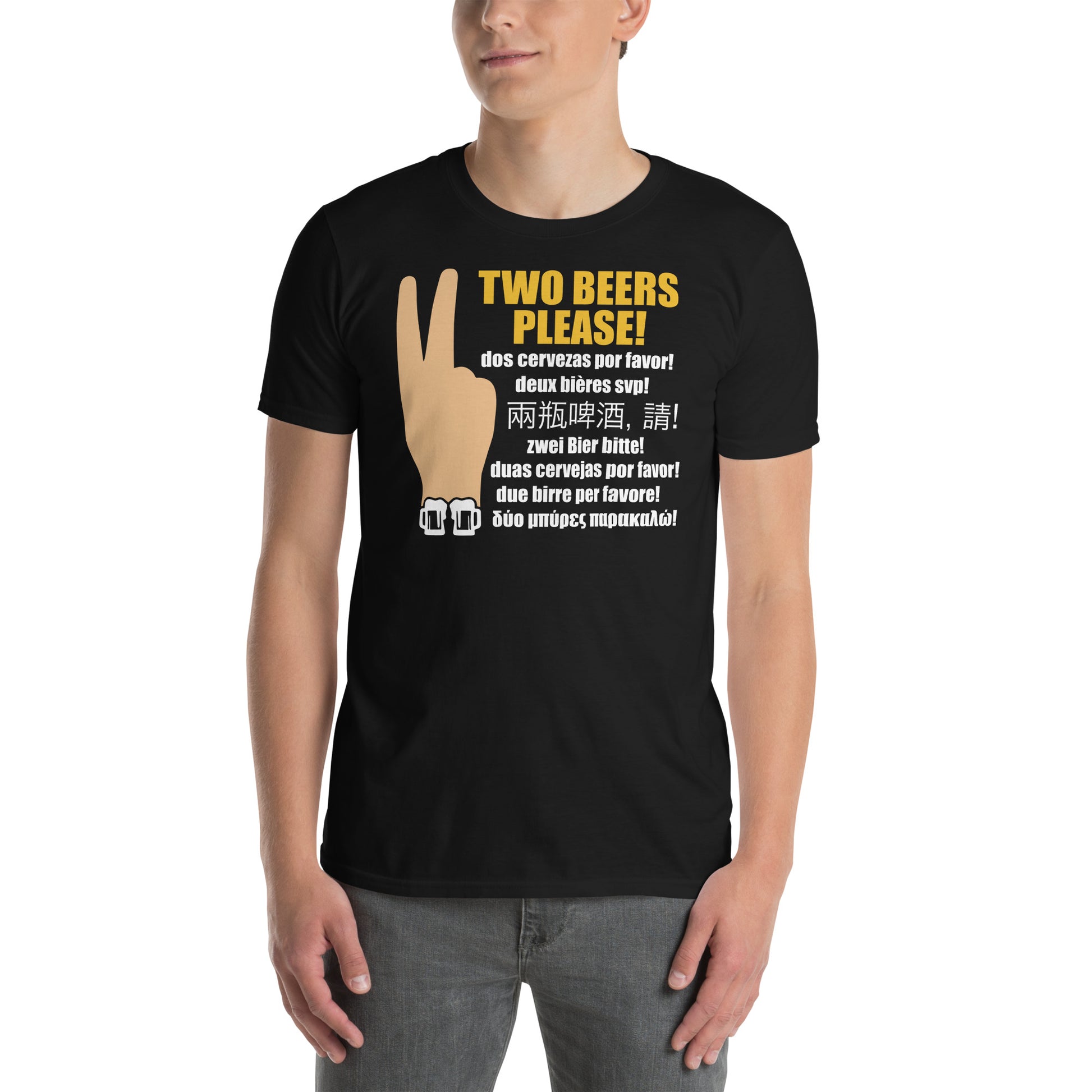 hombre con camiseta dos cervezas por favor multilenguaje negra