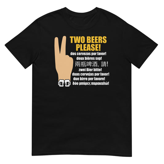 camiseta dos cervezas por favor multilenguaje negra