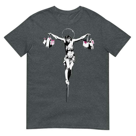 camiseta christ with shopping bags banksy gris oscuro