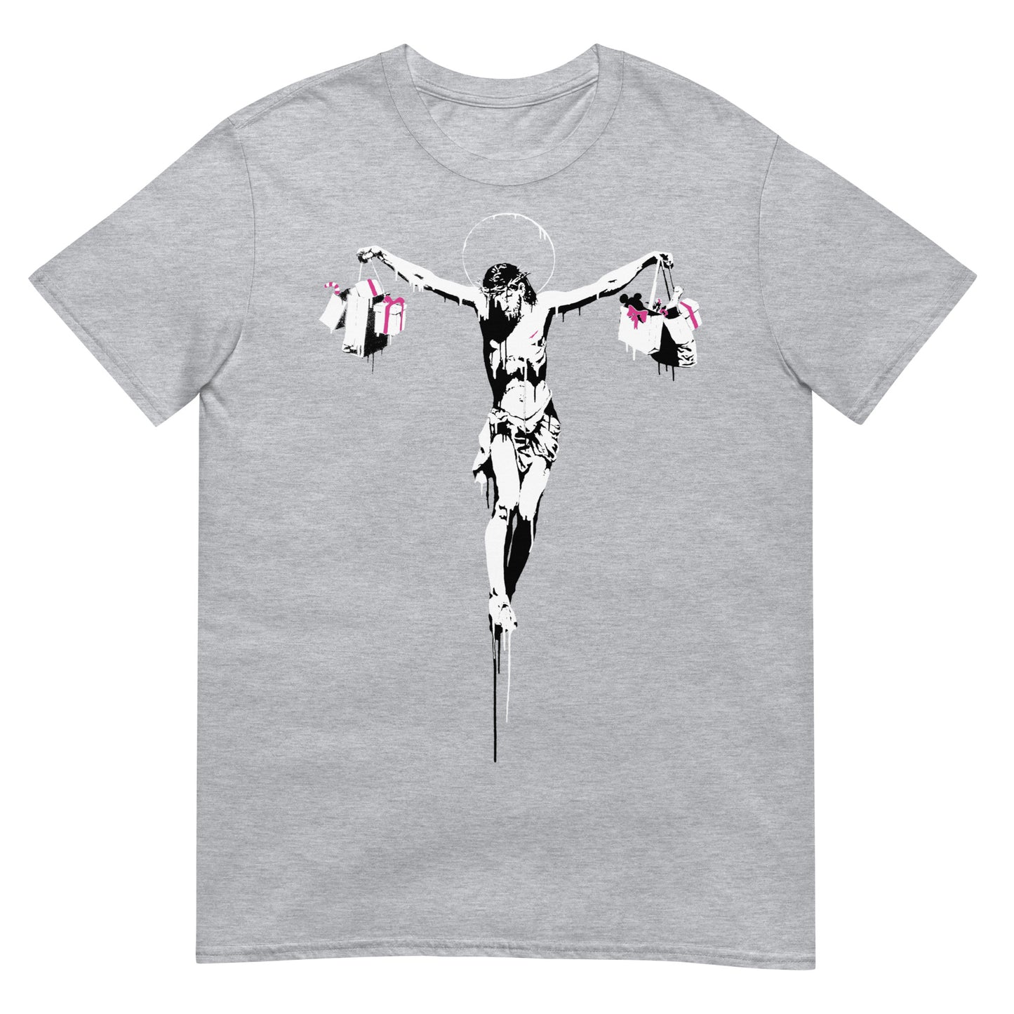 camiseta christ with shopping bags banksy gris
