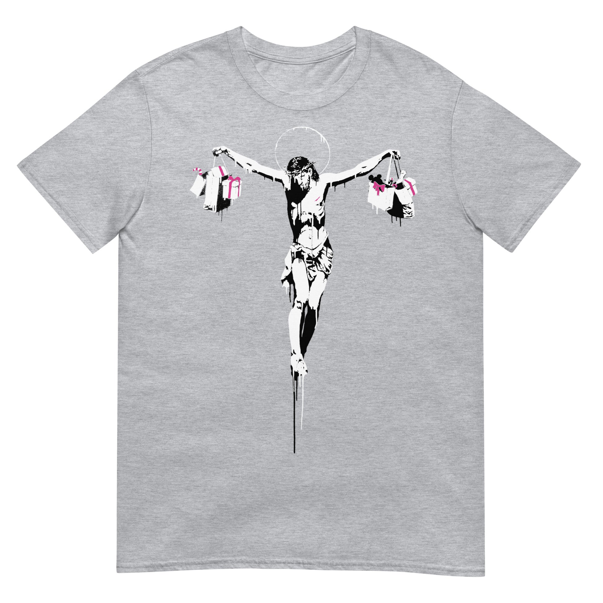 camiseta christ with shopping bags banksy gris