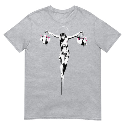 camiseta christ with shopping bags banksy gris