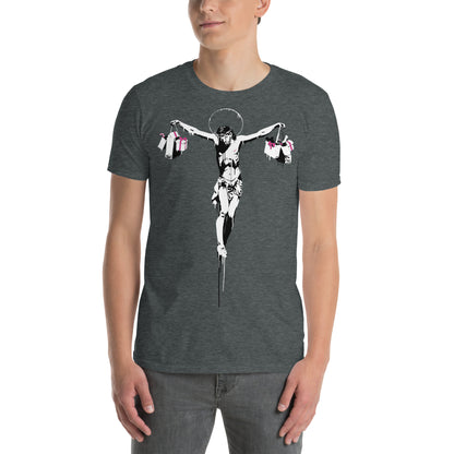 hombre con camiseta christ with shopping bags banksy gris oscuro