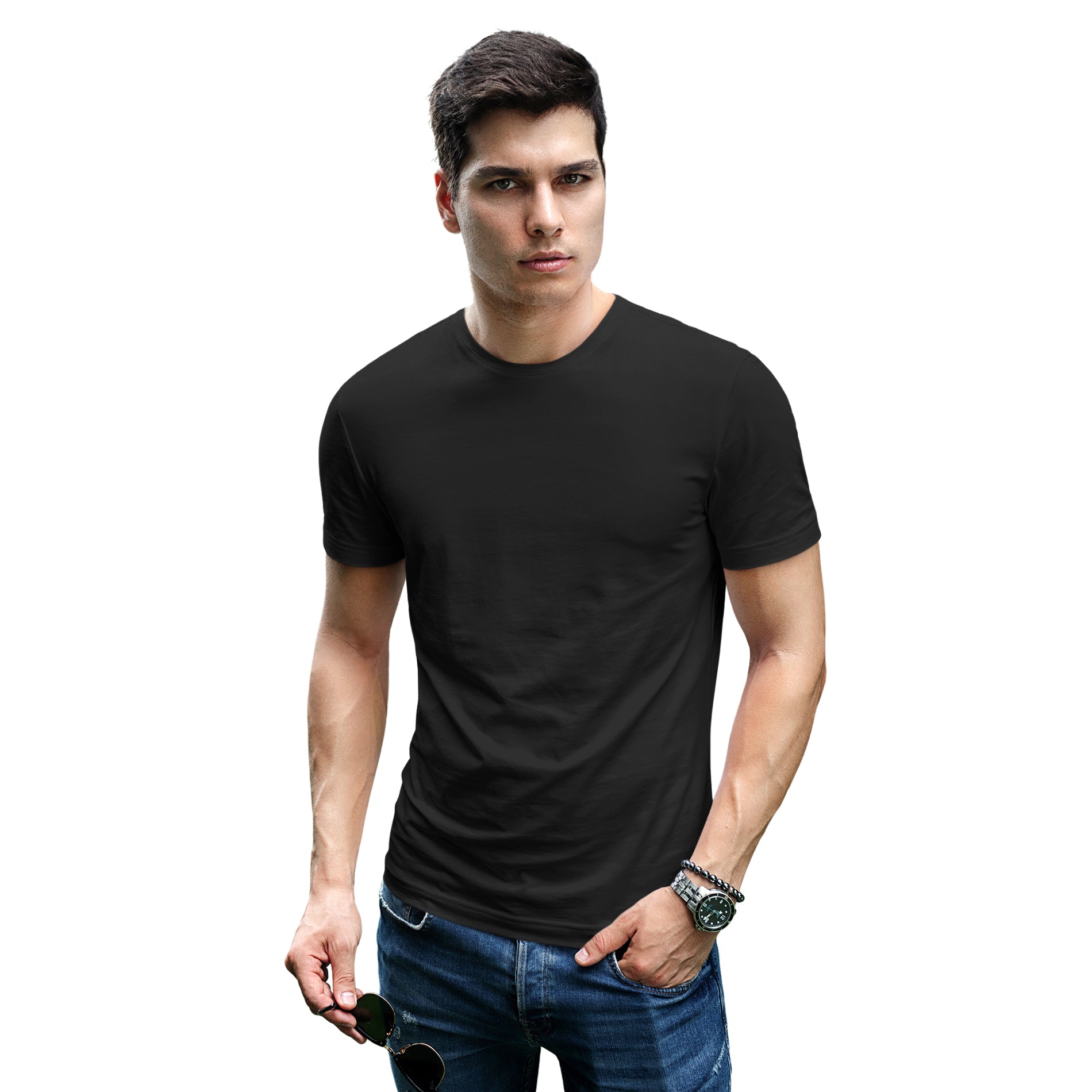 hombre con camiseta basica de algodon en color negro