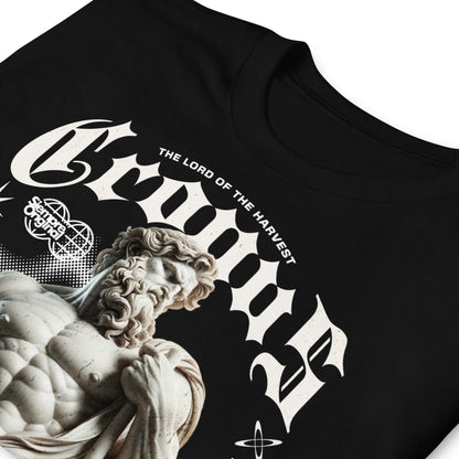 detalle de camiseta cronos dios griego negra
