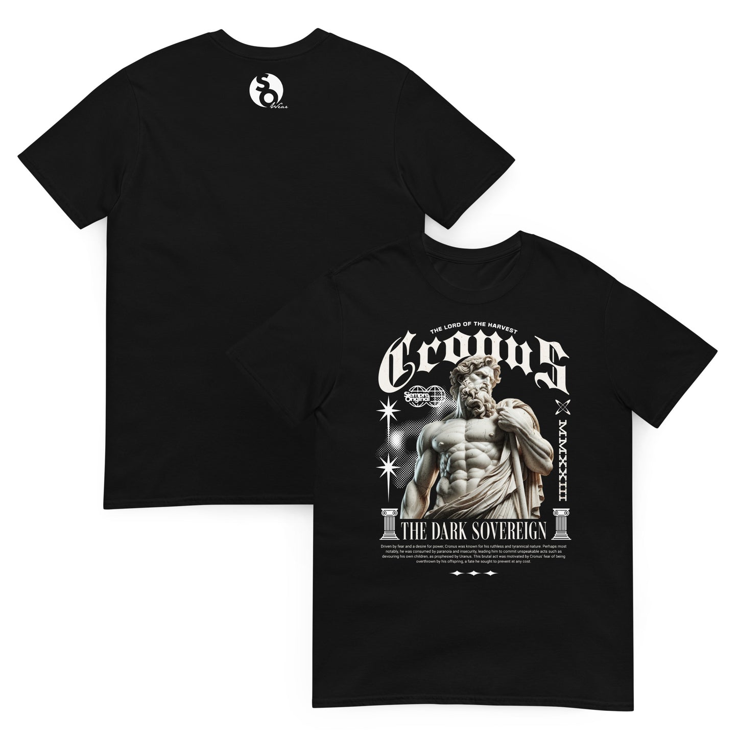 camiseta cronos dios griego delante y detras negra