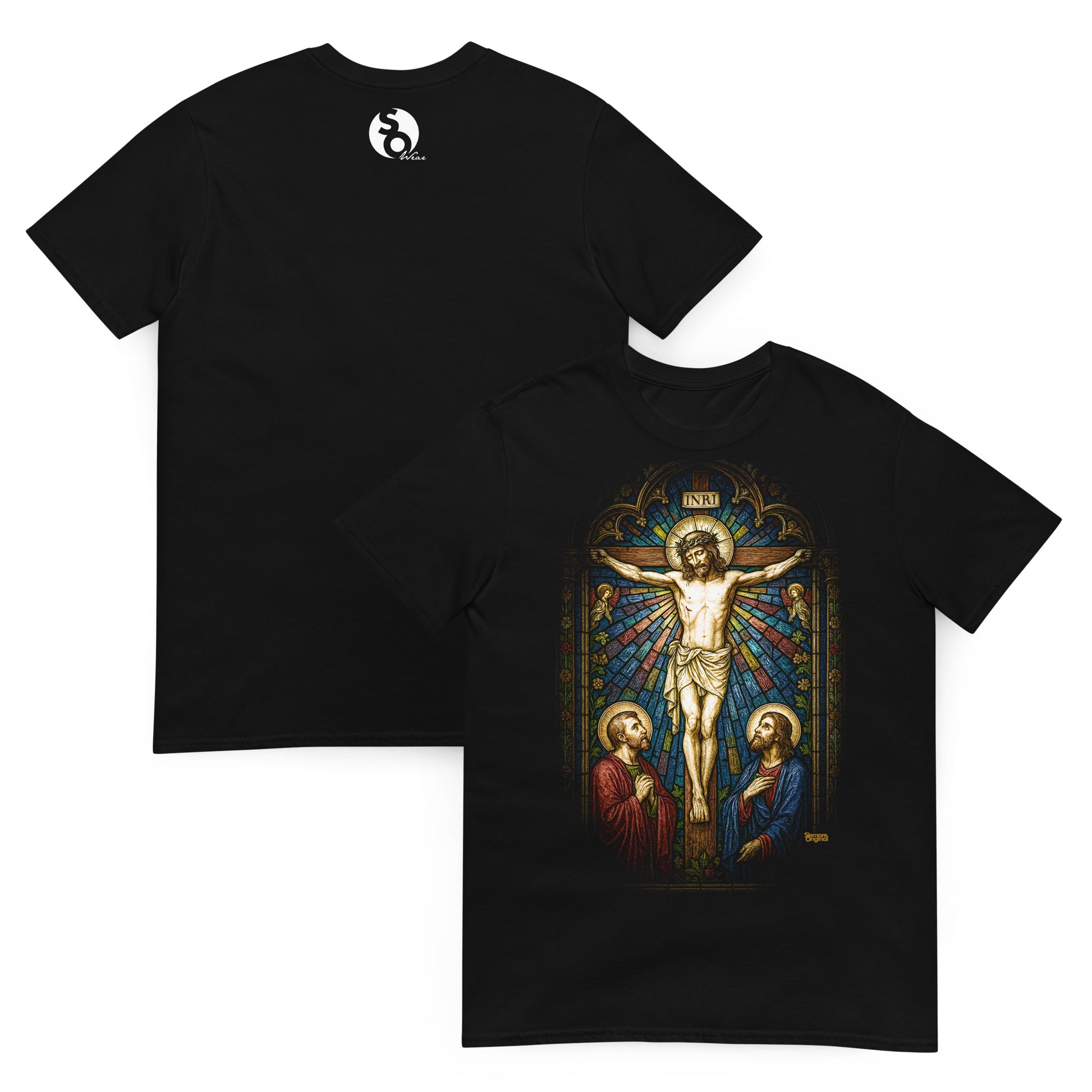 camiseta crucifixion de jesus vidriera delante y detras en color negro