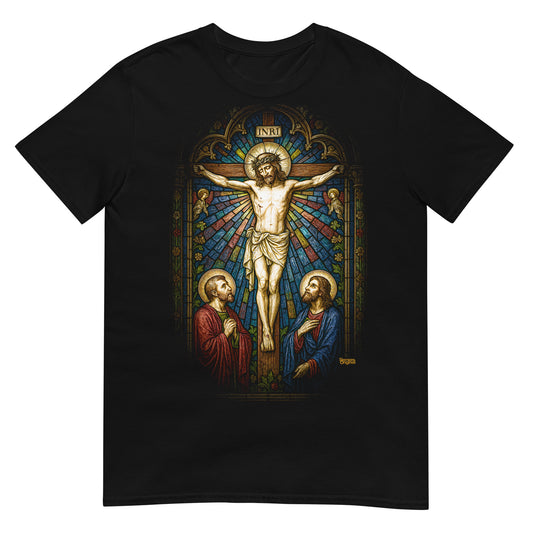 camiseta crucifixion de jesus vidriera en color negro