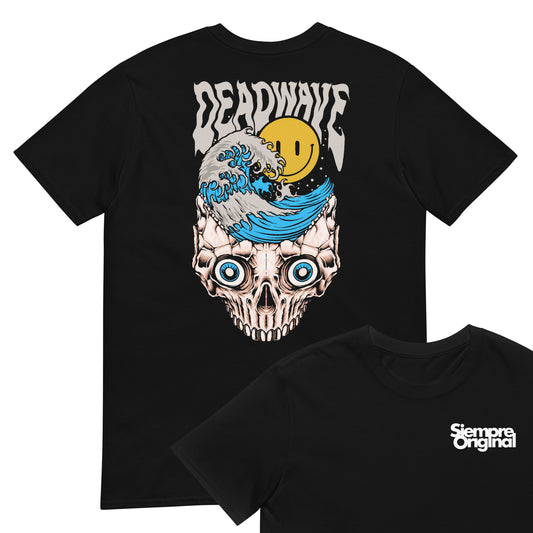 camiseta deadwave surf la gran ola de knawaga skull siempre original logo pecho urban en color negro