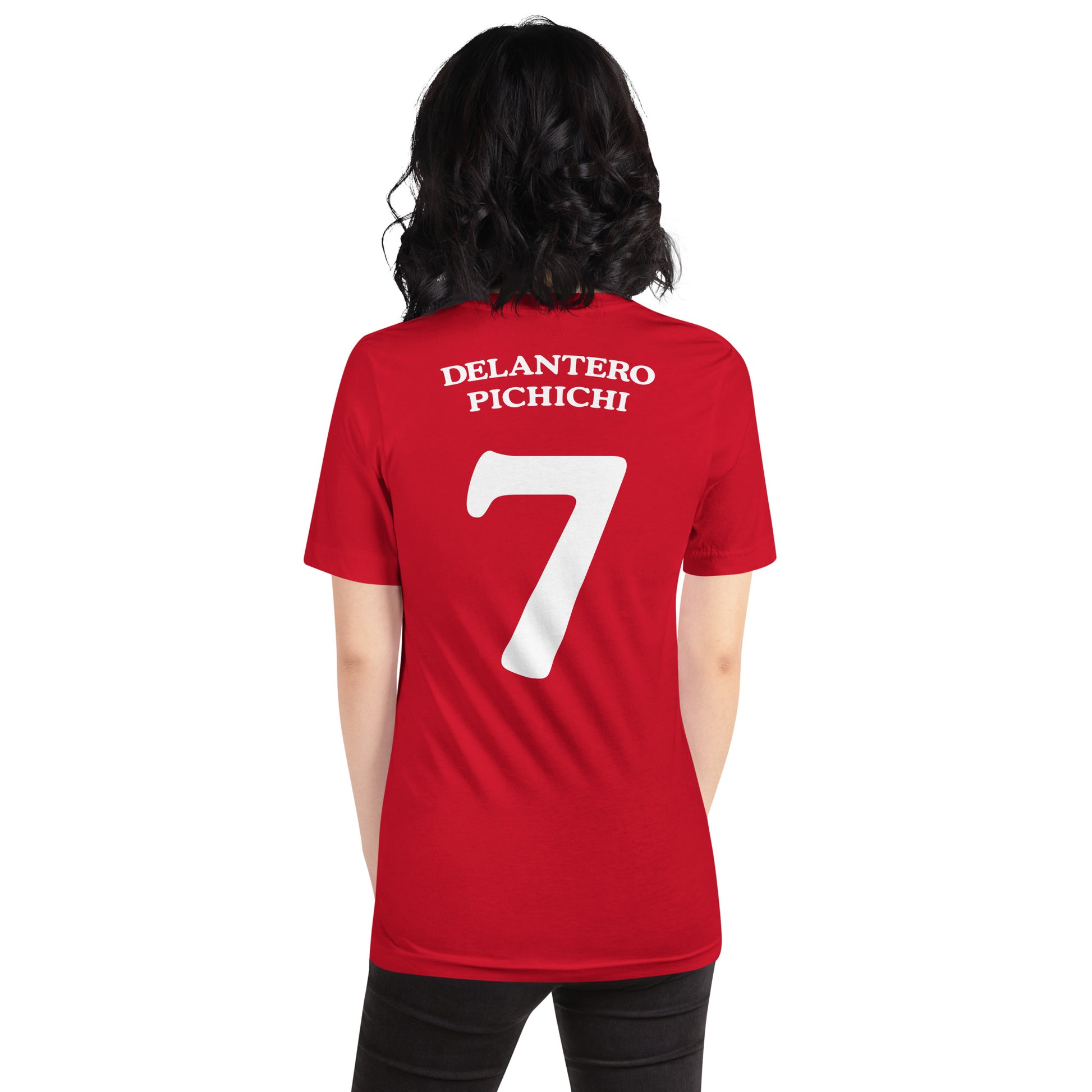 mujer con camiseta delantero pichichi mariscos recio trasera en color rojo