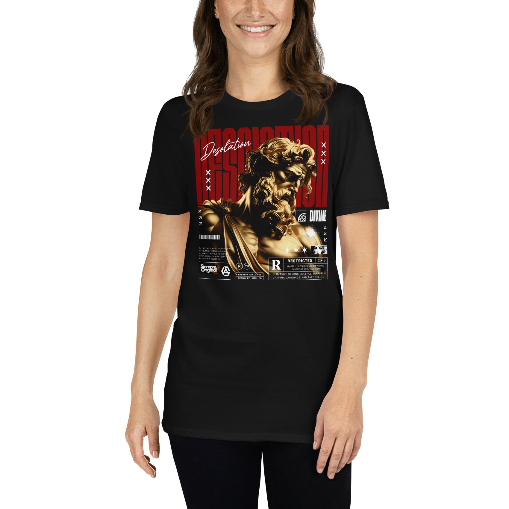 mujer con camiseta desolation divine siempre original urban en color negro