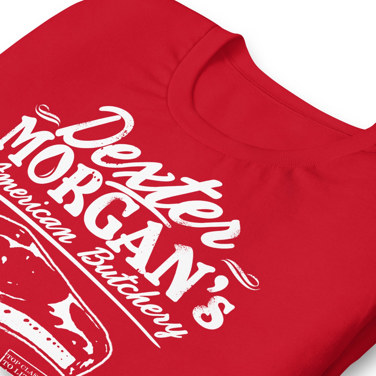 detalle de camiseta dexter morgan carniceria americana roja