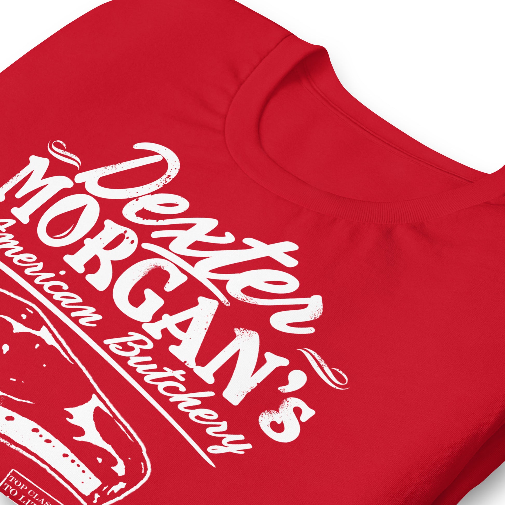 detalle de camiseta dexter morgan carniceria americana roja