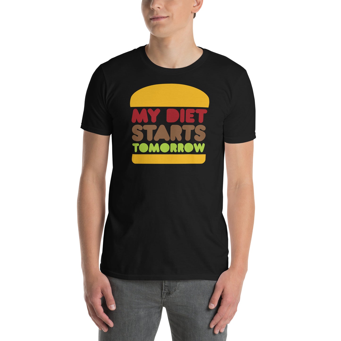 hombre con camiseta mi dieta empieza manana hamburguesa negra
