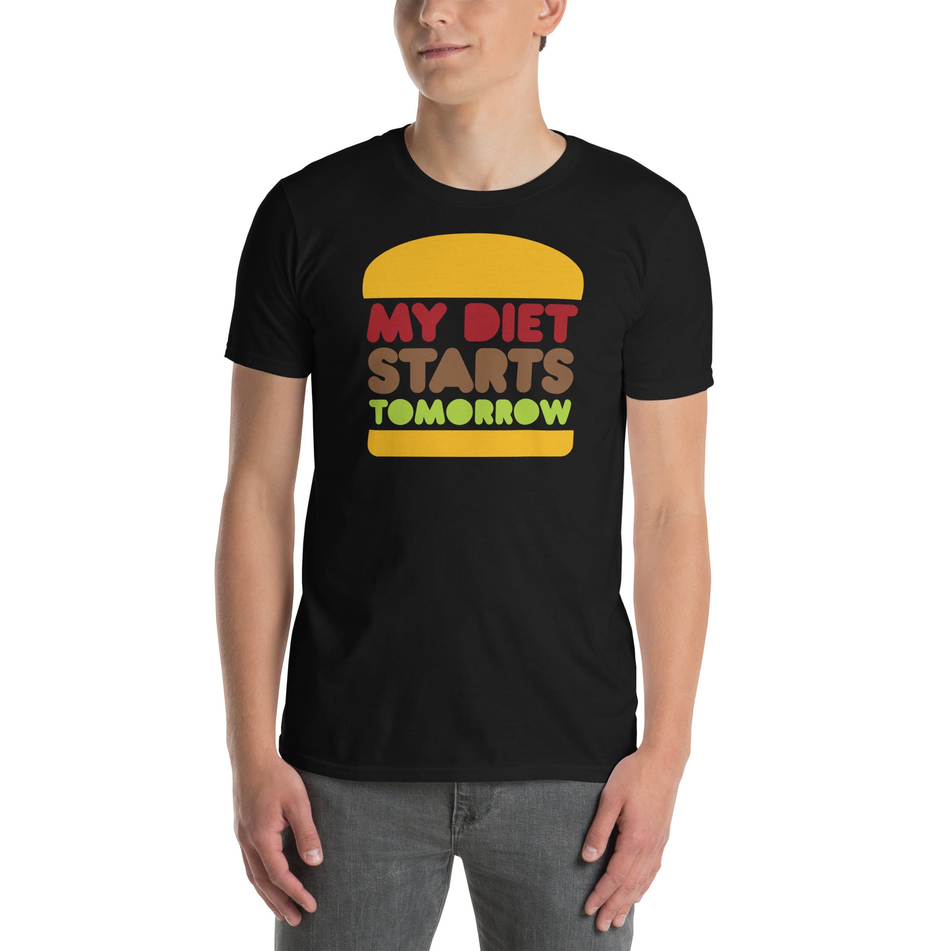 hombre con camiseta mi dieta empieza manana hamburguesa negra