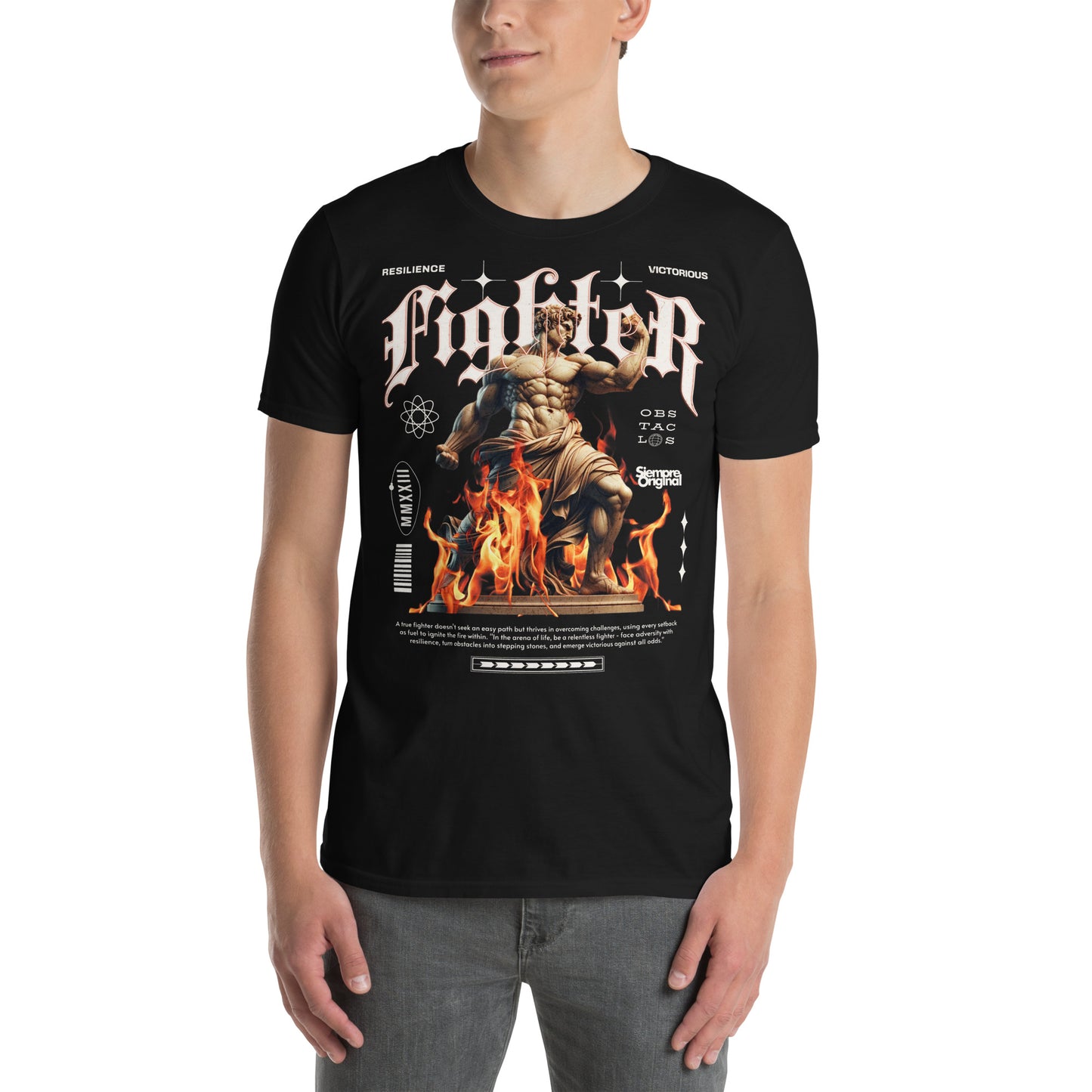 hombre con camiseta dios fighter negra