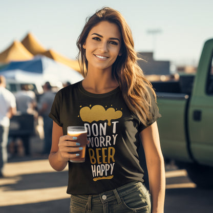 mujer con camiseta dont worry beer happy cerveza negra