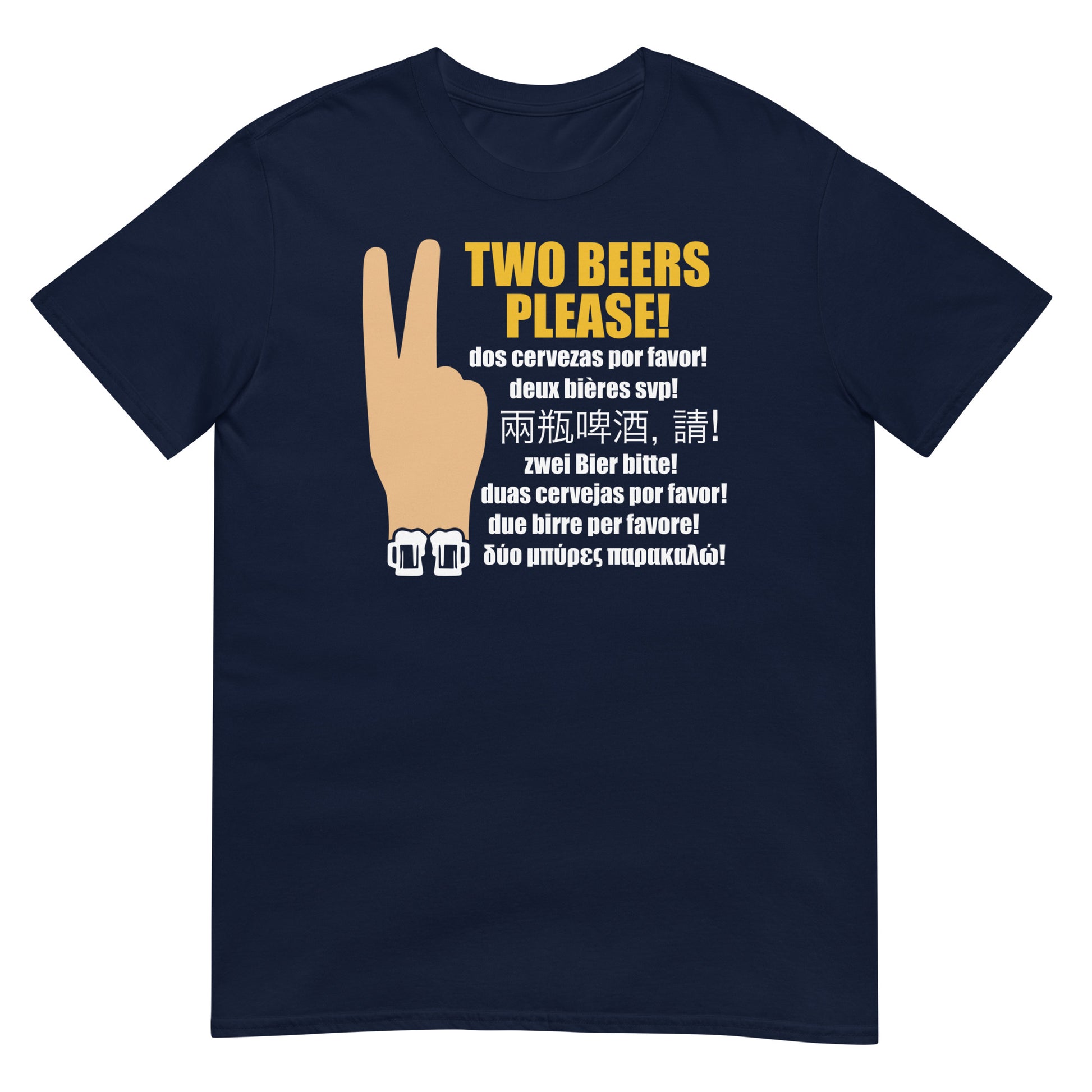 camiseta dos cervezas por favor multilenguaje cerveza en color azul marino