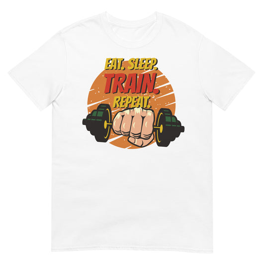 camiseta eat sleep train repeat fitness blanca