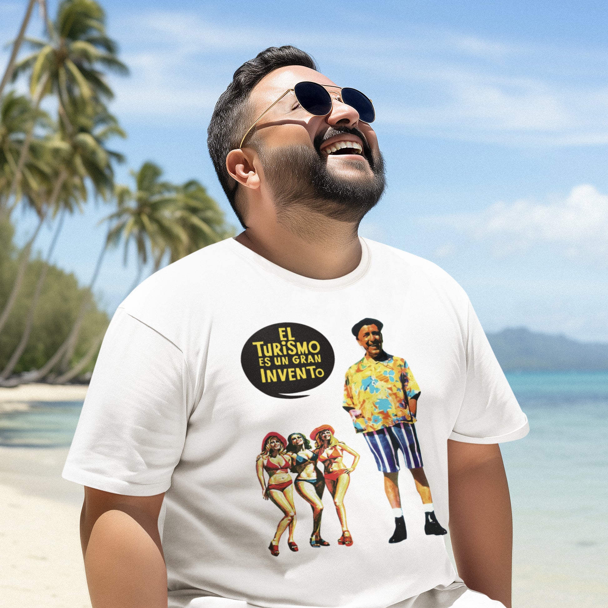 hombre con camiseta el turismo es un gran invento en color blanco