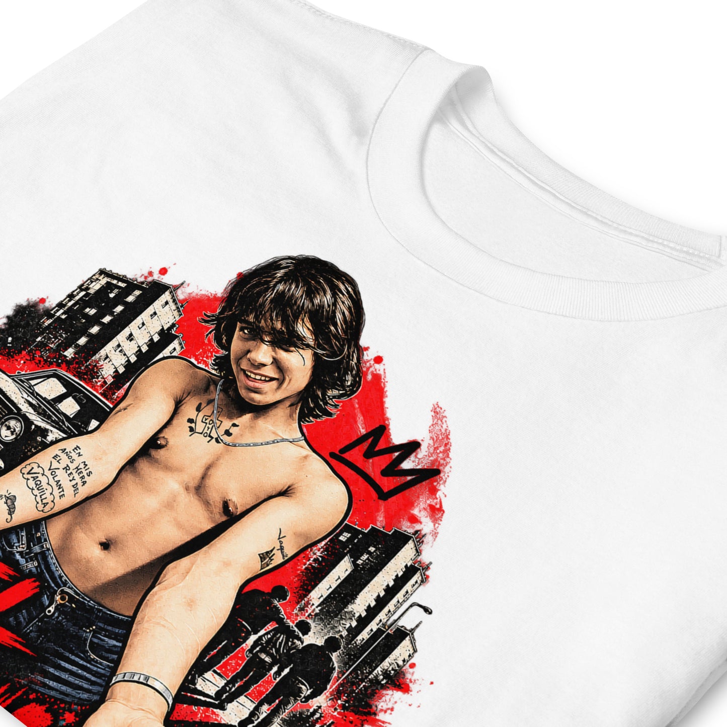 detalle de camiseta el vaquilla alegre bandolero blanca