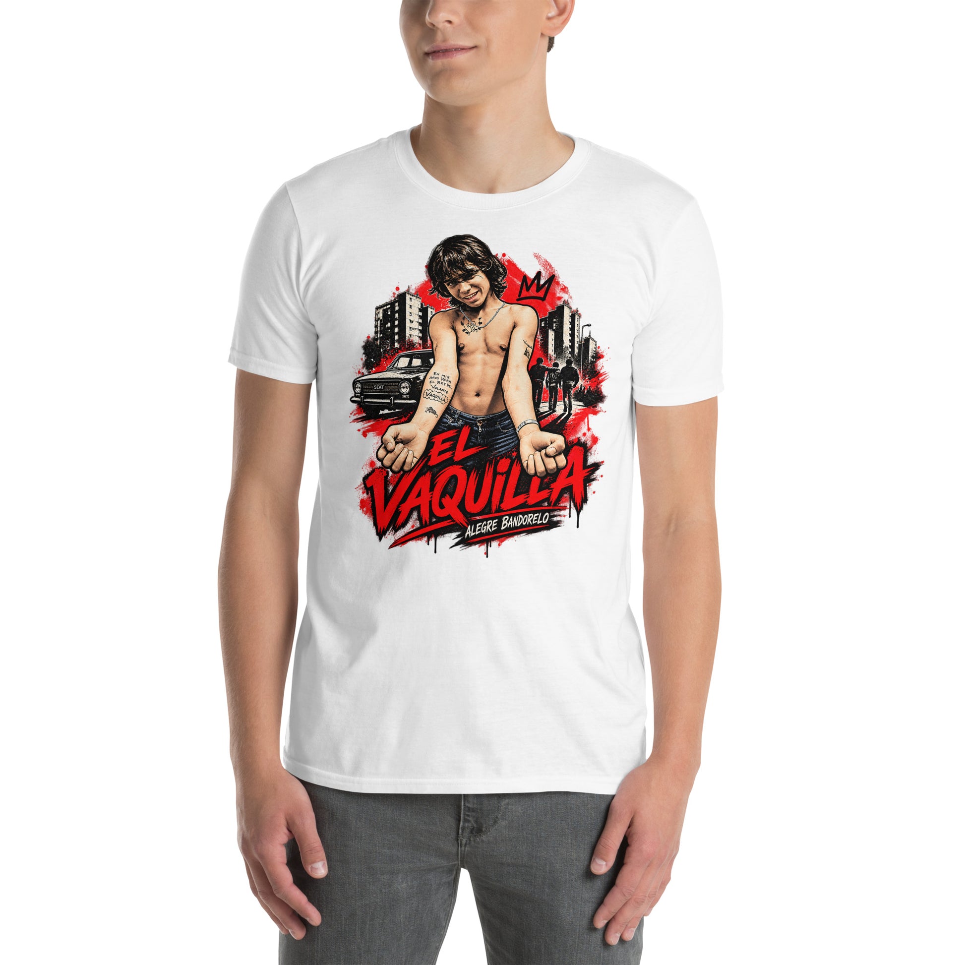 hombre con camiseta el vaquilla alegre bandolero blanca