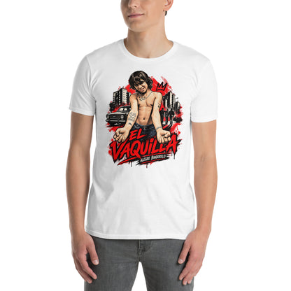 hombre con camiseta el vaquilla alegre bandolero blanca