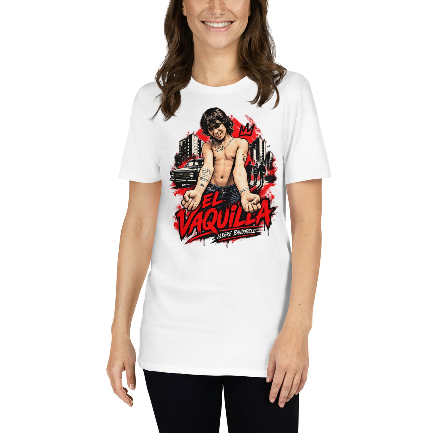 mujer con camiseta el vaquilla alegre bandolero blanca