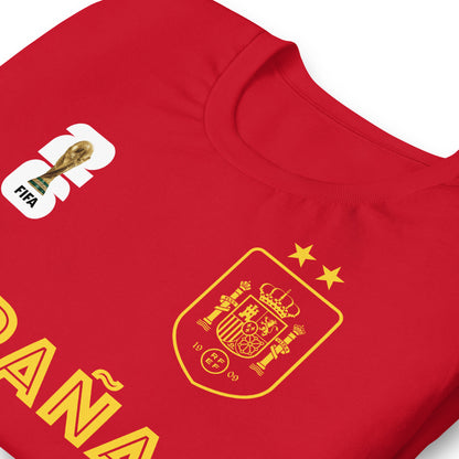detalle de camiseta espana campeones del mundo de futbol 2026 roja
