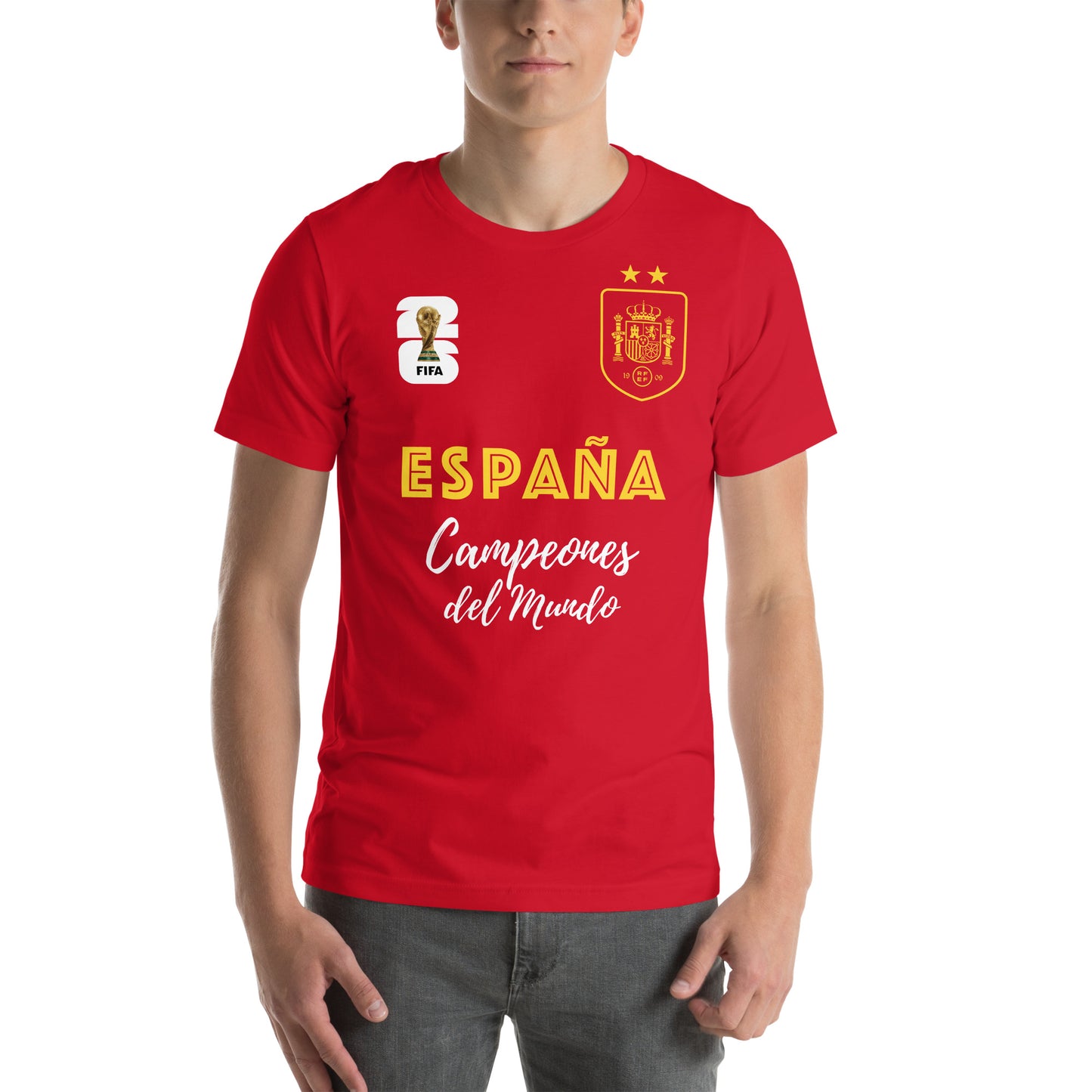 hombre con camiseta espana campeones del mundo de futbol 2026 roja