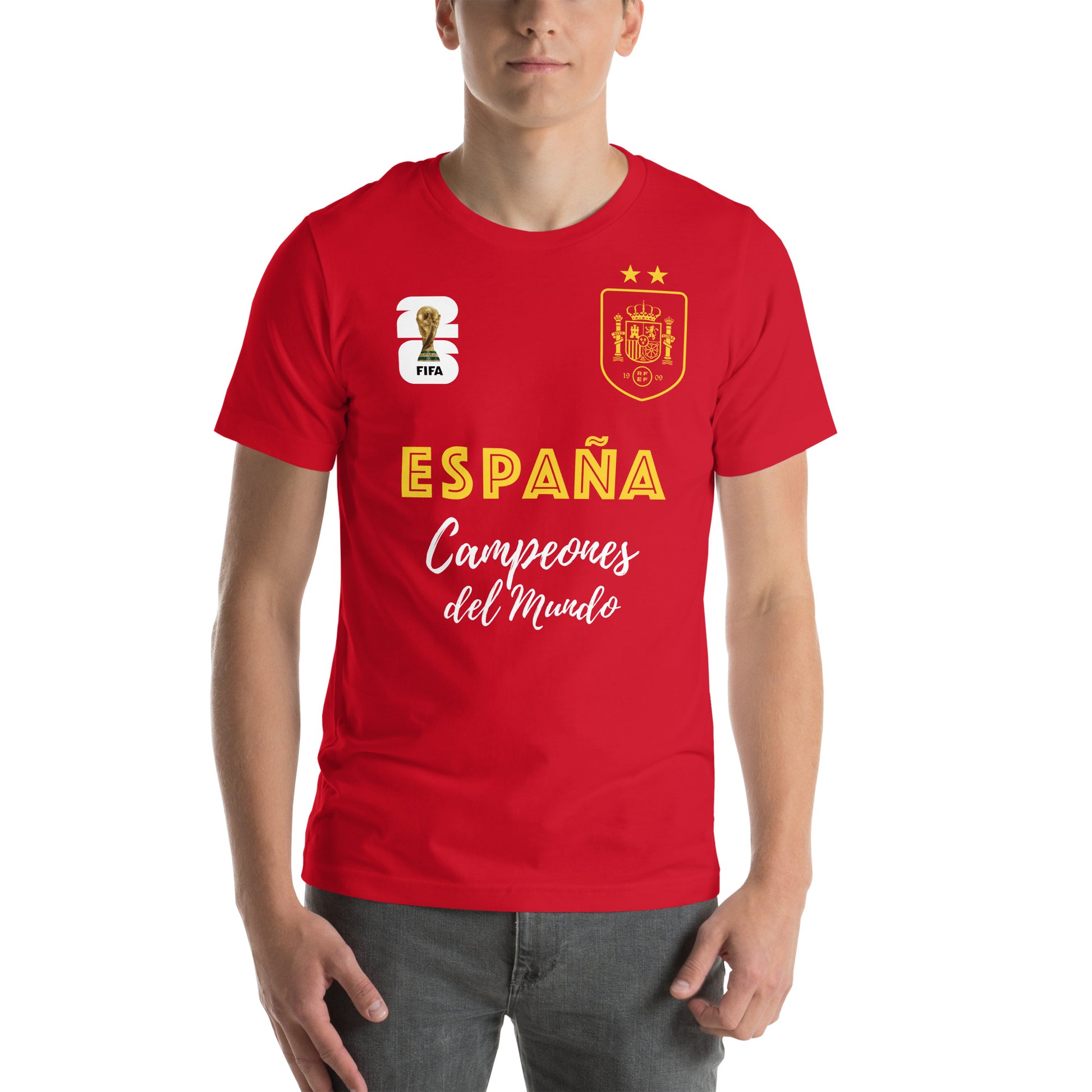 hombre con camiseta espana campeones del mundo de futbol 2026 roja