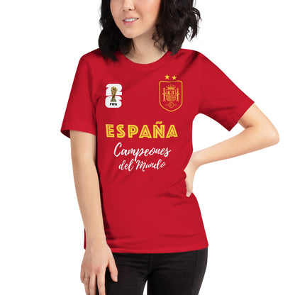 mujer con camiseta espana campeones del mundo de futbol 2026 roja