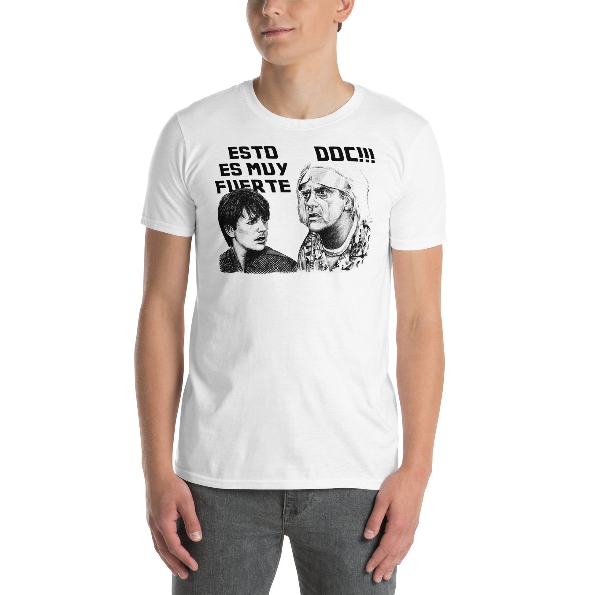 hombre con camiseta esto es muy fuerte doc regreso al futuro blanca