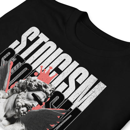 detalle de camiseta estoicismo arte clasico negra